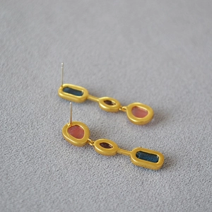 Vintage geometric drop earrings with gold frames and colorful crystal stones