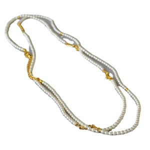Elegant double-layer long pearl necklace with golden chain accents for women