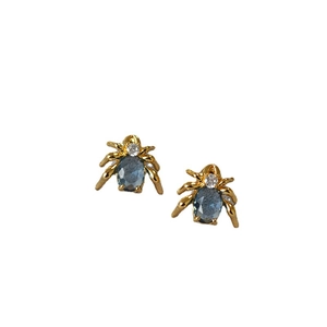 Minimalist golden spider stud earrings with blue gemstone and 925 silver needles