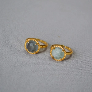 Vintage brass gold-plated adjustable rings with faceted natural stones in grey and green