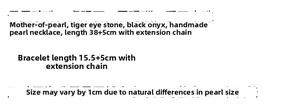 Detailed chart showing tiger eye stone and black onyx necklace material specs and size info