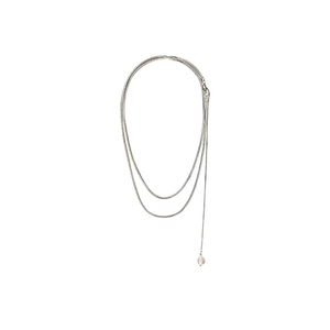 Collier double couche en maille serpent argentée avec pendentif perle blanche