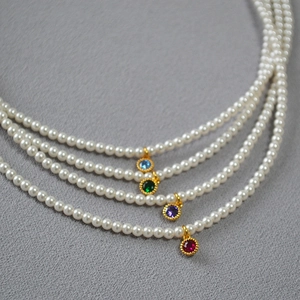 French style pearl necklaces with colorful round gemstone pendants in gold plating