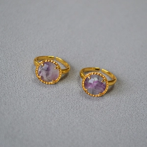Adjustable brass gold plated rings with round faceted purple natural stones and bead texture