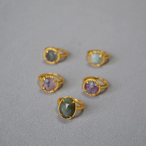 Vintage Brass 18K Gold Plated Natural Stone Open Ring For Women Fluorite Labradorite Adjustable Bohemian Retro Jewelry Finger Ring
