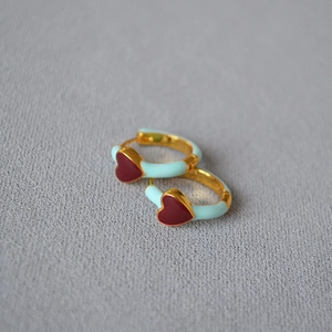 French vintage heart hoop earrings with red and mint blue enamel in gold finish