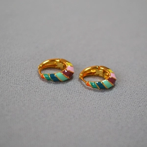 Minimalist gold-plated brass hoop earrings with vibrant colorful enamel stripes