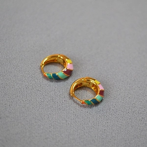 Rainbow spiral enamel gold-plated hoop earrings with vibrant multi-color drip glaze finish