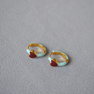 French vintage gold hoop earrings with light blue enamel and red heart charms