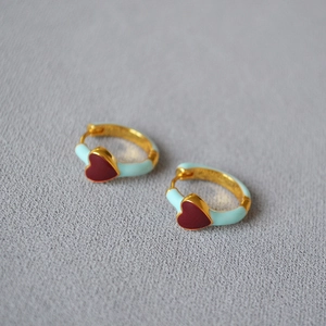 French Vintage Handmade Enamel Red Heart Copper Hoop Earrings For Women Gold Plated Mint Green Elegant Jewelry Gift