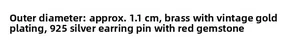 Detailed product specs of retro red gemstone studs with 1.1cm diameter and 925 silver needle