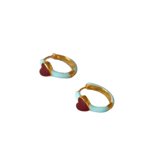French retro gold earrings with light blue enamel coating and vibrant red heart charms