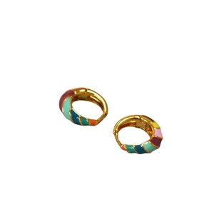 Minimalist gold-plated brass hoop earrings with colorful enamel spiral pattern for women