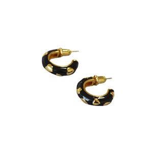 Handmade enamel brass C-shaped hoop earrings with gold heart patterns and 925 silver needles
