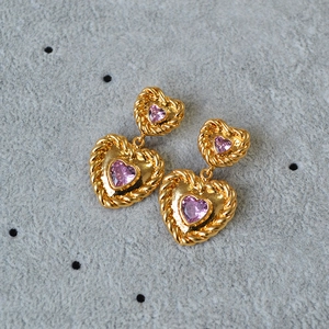 Retro French Design Brass Gold Plated Pink Zirconia Heart Drop Earrings With 925 Sterling Silver Earring Post For Women