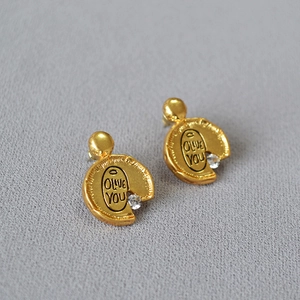 Retro irregular golden earrings with zircon and OLIVE YOU engraving for women