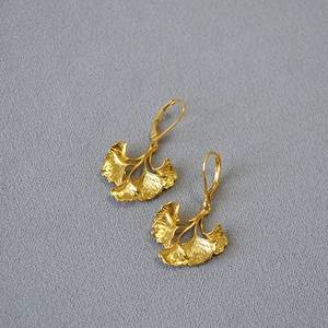 French vintage layered ginkgo leaf earrings in antique gold finish for women