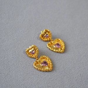 Vintage brass gold-plated heart drop earrings with pink zircon and twisted border
