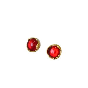French vintage bud style gold earrings with red round gemstones on 925 silver needles