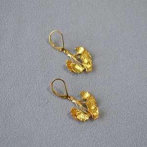 French Vintage Layered Ginkgo Leaf Drop Earrings Brass Copper Gold Plated Antique Finish Aesthetic Dangle Earrings For Women Jewelry