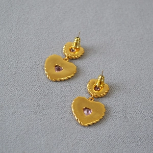 Vintage gold twisted brass earrings with pink zircon heart charms and silver studs