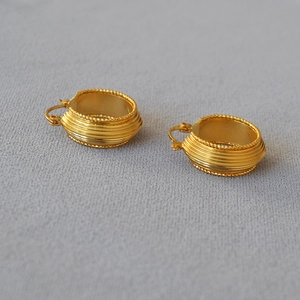 French retro gold plated brass hoop earrings with ribbed texture and bead edges