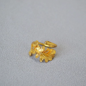 Minimalist brass gold-plated adjustable open ring with detailed leaf texture and wrap design