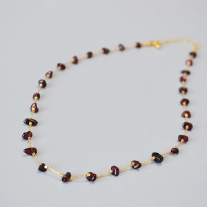 Handmade gold chain necklace with irregular purplish red garnet stones for women