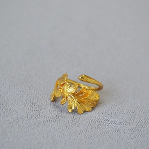 Artistic gold-plated brass leaf ring with realistic vein textures and adjustable opening