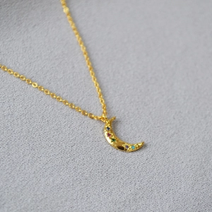 Elegant gold plated crescent moon necklace with colorful zircon stars on fine chain