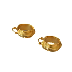 French retro gold-plated brass hoop earrings with textured stripe pattern and vintage beads