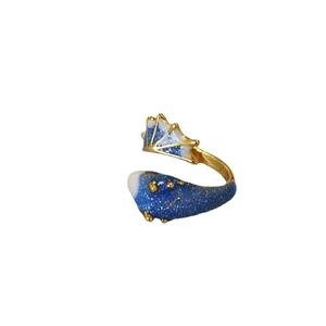 Golden open ring with blue enamel whale design and colorful glitter, adjustable size