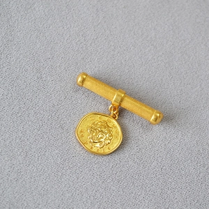 French vintage gold coin T-bar brooch with classical medusa head relief carving