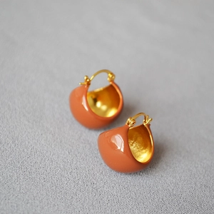 Boucles d'Oreilles Créoles Sphériques en Émail Brun Maillard Vintage Laiton Plaqué Or Boucles d'Oreilles Géométriques Femme