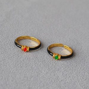 Vintage French Court Style Copper Open Ring Gold Plated Black Enamel Inlaid Red Green Oval Stone Adjustable Jewelry For Women