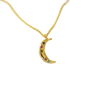 Elegant gold-plated brass crescent moon necklace with colorful zircon gemstones for women