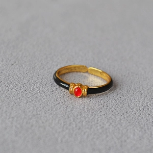 Vintage French style gold-plated black enamel open ring with oval red gemstone inlay