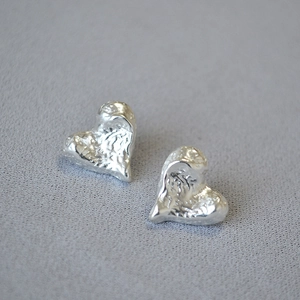 French vintage irregular heart earrings with textured silver finish and 925 silver needle