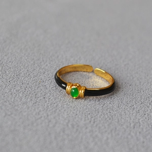 French vintage gold plated ring with black enamel and oval green gemstone inlay
