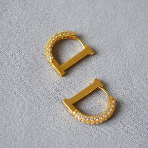 Macro shot of gold D-shape earrings with micro-paved cubic zirconia and clasp closure