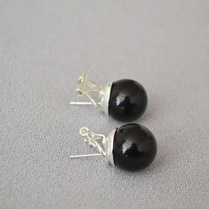 Elegant round black onyx stud earrings with 925 sterling silver pins and secure clip