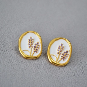 Handmade lavender enamel earrings with gold plating and vintage oval floral design