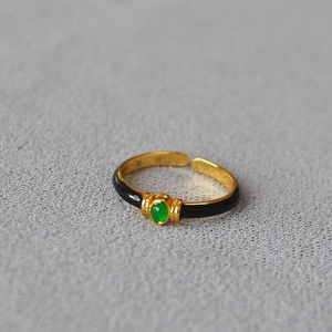 Vintage French style gold-plated open ring with green stone and black enamel