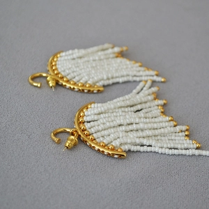 Bohemian gold-plated fan-shaped drop earrings with white seed bead tassels for women