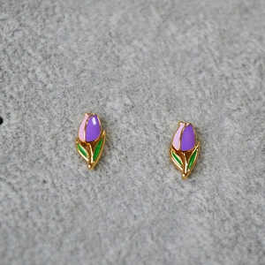 Handmade Enamel Tulip Flower Stud Earrings Brass Gold Plated With 925 Sterling Silver Earring Post For Women Daily Jewelry