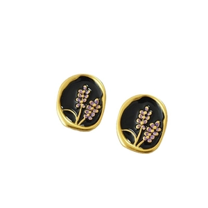 Handmade lavender enamel oval stud earrings with gold plating and purple flower patterns