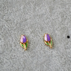 Exquisite gold-plated brass tulip earrings with purple and pink enamel flower details