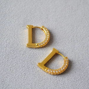 Niche Design D Shape Full Zirconia Brass Gold Plated Minimalist Personality Temperament Hoop Earrings Fashion Jewelry For Women