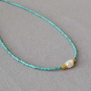 Turquoise Beaded Necklace With Artificial Baroque Pearl Gold Plated Brass Retro French Style Jewelry For Women