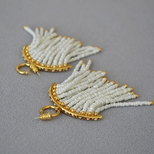Bohemian fan-shaped white seed bead tassel earrings with gold plated 925 silver pins